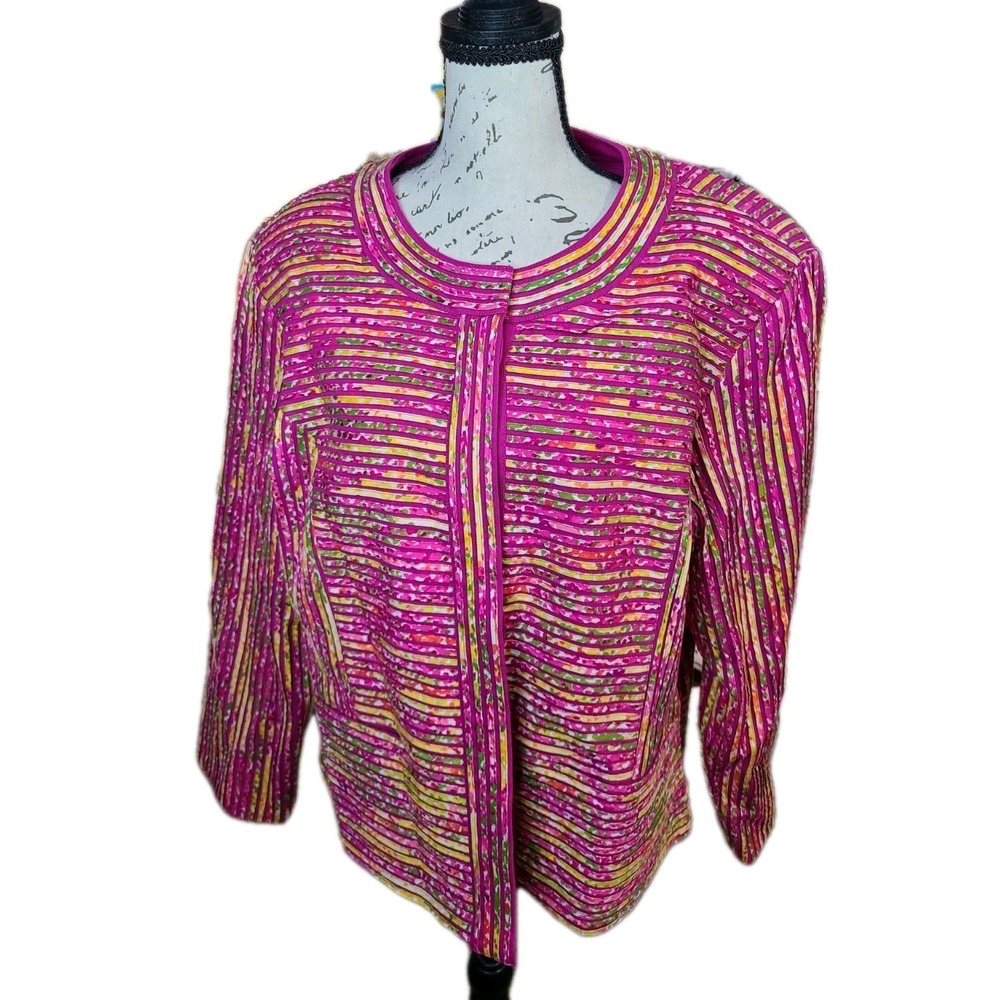 Chicos Size 2 Cotton Jacket Womens‎ L Bright Multicolor Striped Button Front
